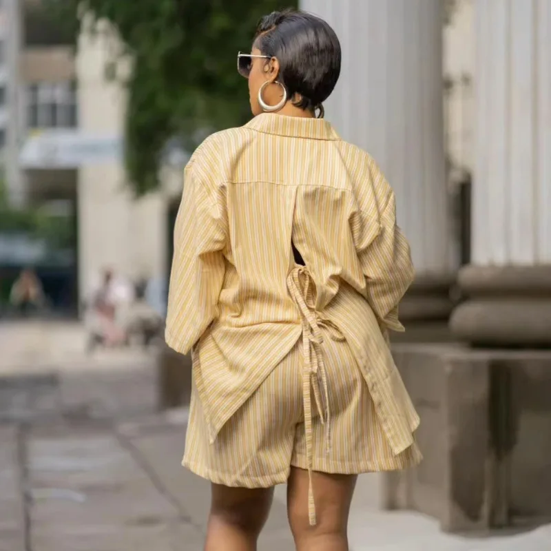 Plus Size Women Striped 2 Piece Outfits Back Tie Backless Shirt Loose Casual Shorts Set African Fashion Daily Matching Suit