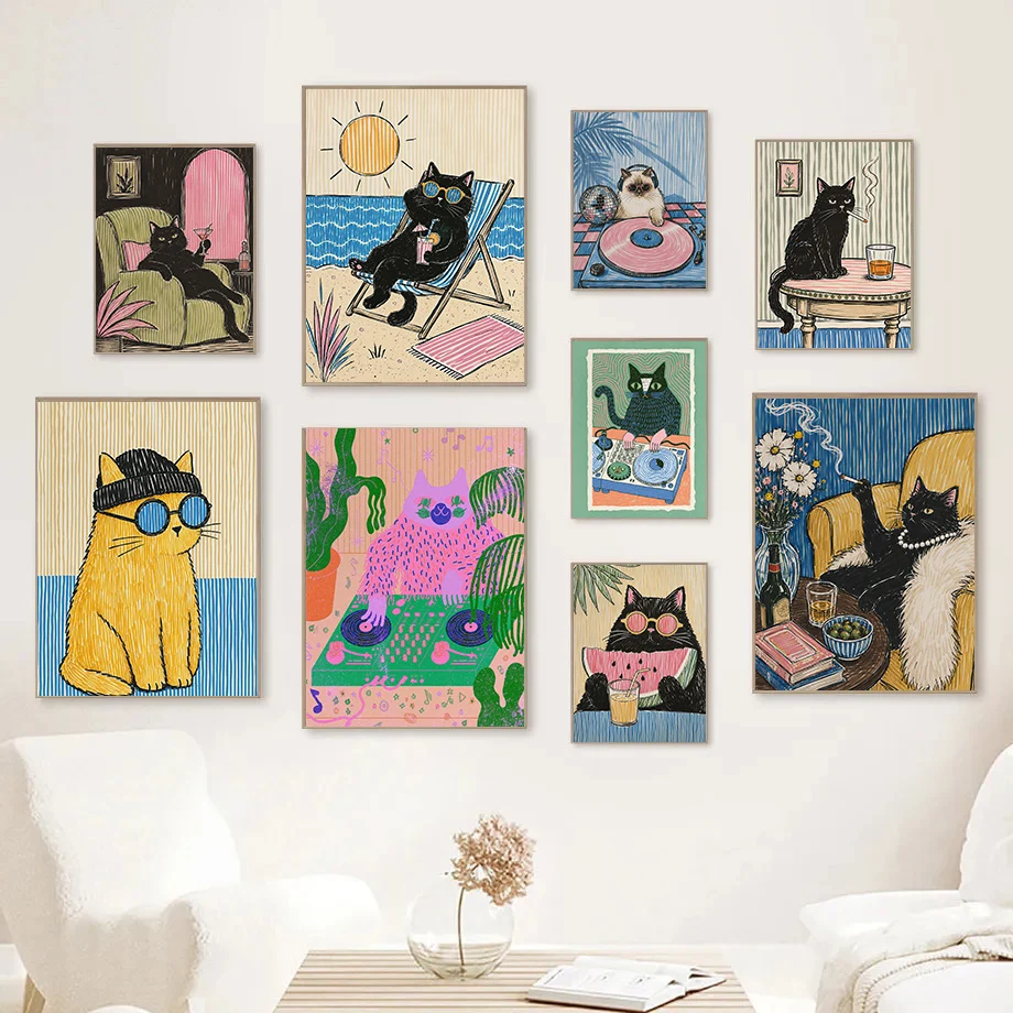 Trendy Black Cat Leisurely Life Poster Sunglasses Smoking Lounge Coral Music Prints Canvas Painting Wall Art Pictures Home Decor