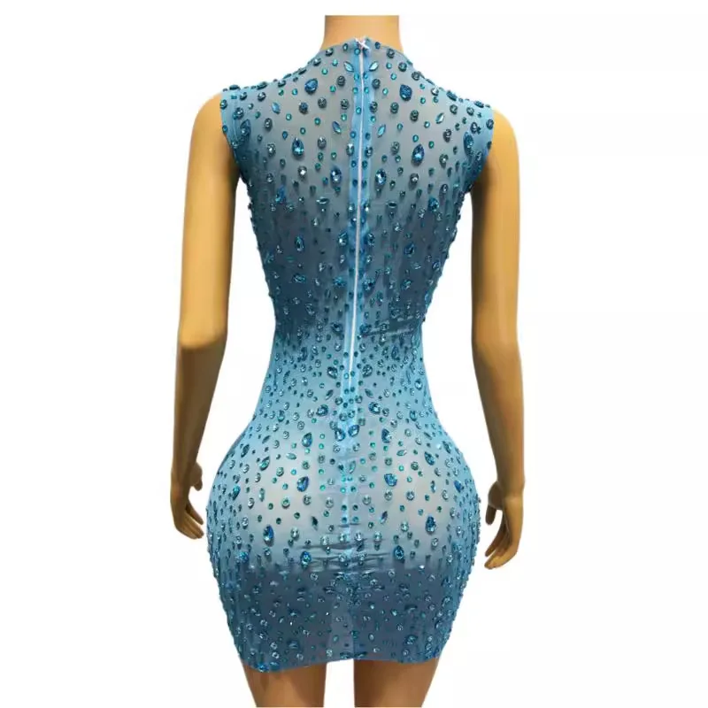 다이아몬드 생일 의류 민소매 라운드 넥 반투명 민소매 블루 다이아몬드 나이트 클럽 섹시한 Vestidos Para Festas Luxuosas