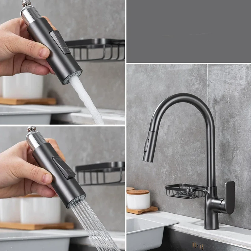 Matte Black/Chrome Kitchen Faucet Pull out 360 Rotation Faucet Torneira Dual Outlet Water Modes Spout Hot Cold Mixer Tap