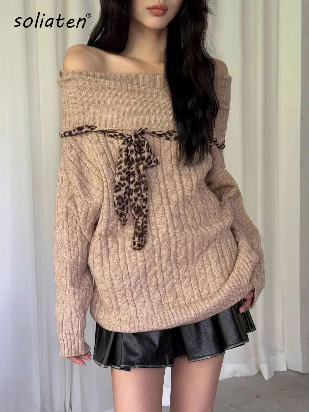 Korean Style Sexy Off Shoulder Sweater Women Long Sleeve Knitted Pullover Lace Up Knitwear Leopard Y2K Oversized Tops  C-001