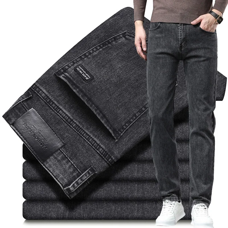 2025 Spring New Men's Straight Jeans Elastic Pant Classic Smoke Gray Casual Wear Mid Waist Casual Trousers Black Male Brand