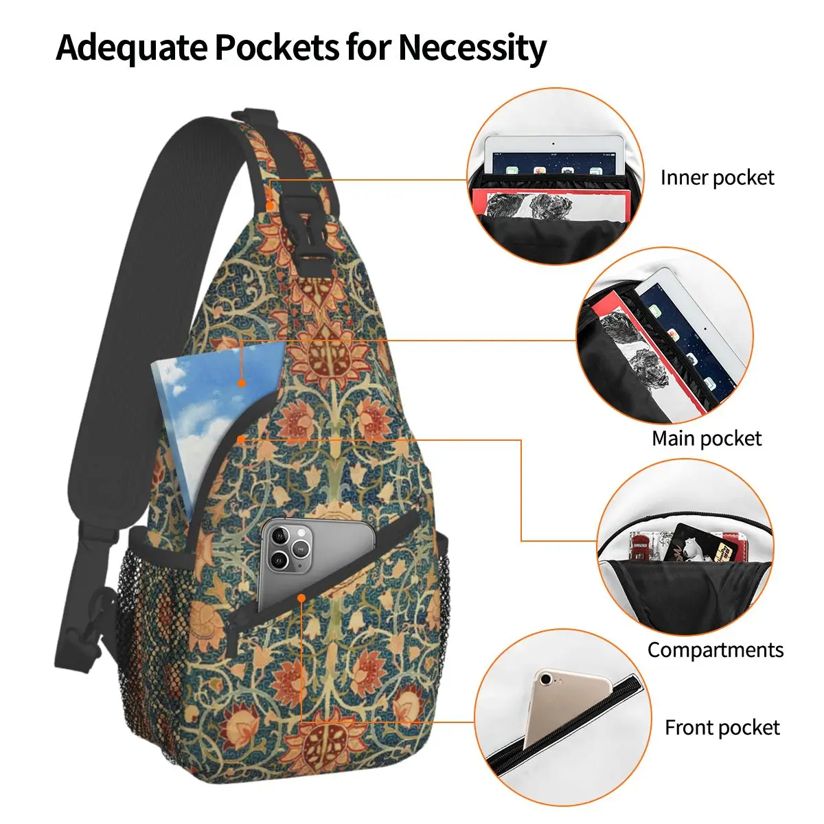 Holland Park William Morris Crossbody Sling Bag Small Chest Bag Floral Art Shoulder Backpack Daypack for Hiking Travel Biking