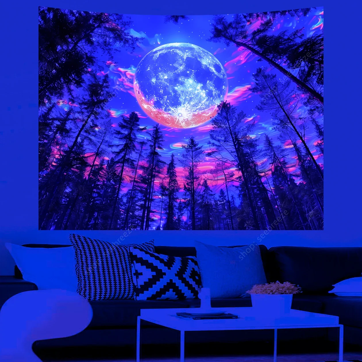 Starry Night Sky View From The Treetops UV Reactive Tapestry Psychedelic Art Mystic Hippie Room Decor Aesthetic Ceiling Decor