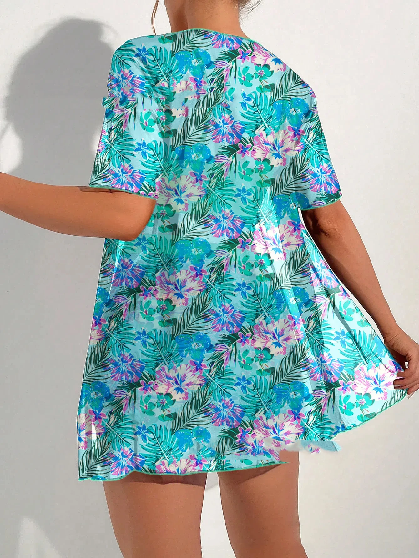 Summer Floral Printed Bikini Set Women's Sexy 3-Piece Swimwear Beach Cover Up Beach See Through Shirts Sexy Bikini Shorts Suit