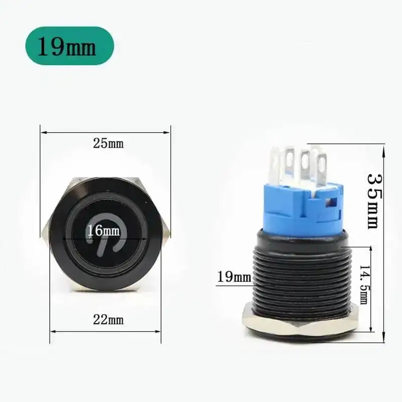 19mm Waterproof LED Light Anodize Black Momentary Latching Car Engine PC Power 3-380V DIY Metal Push Button Switch - view 2