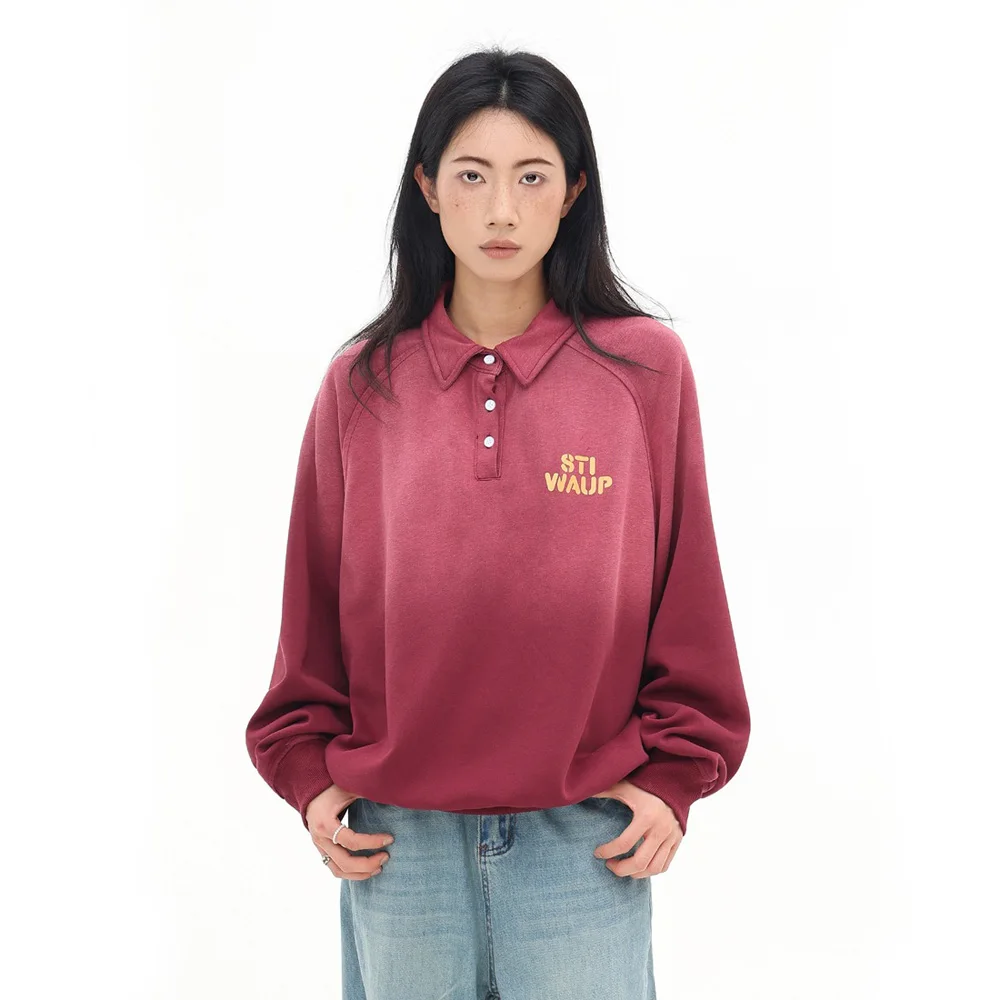 

Men Women Autumn Streetwear Vintage Red Fashion Loose Casual Pullover Sweatshirts Unisex Long Sleeve Polo Shirt Tops