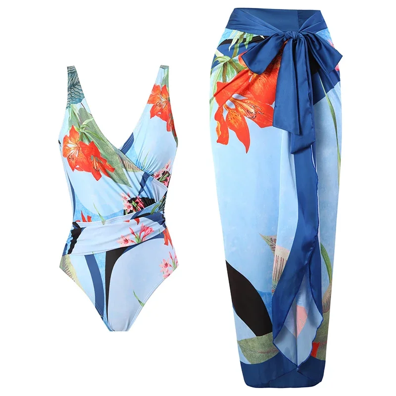 SUNSIREN Deep V Swimsuit Women Backless Printed Swimwear One-Piece Sexy Wrap Skirt Ruched Beachwear Bathing Suits Cover Ups