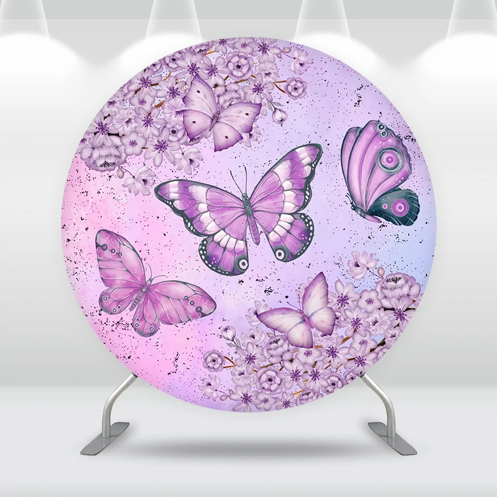 Fondo redondo circular de Hada y mariposa púrpura para niñas, fondo de flores para fiesta de cumpleaños, accesorios de fotografía, cubiertas de cilindro con purpurina