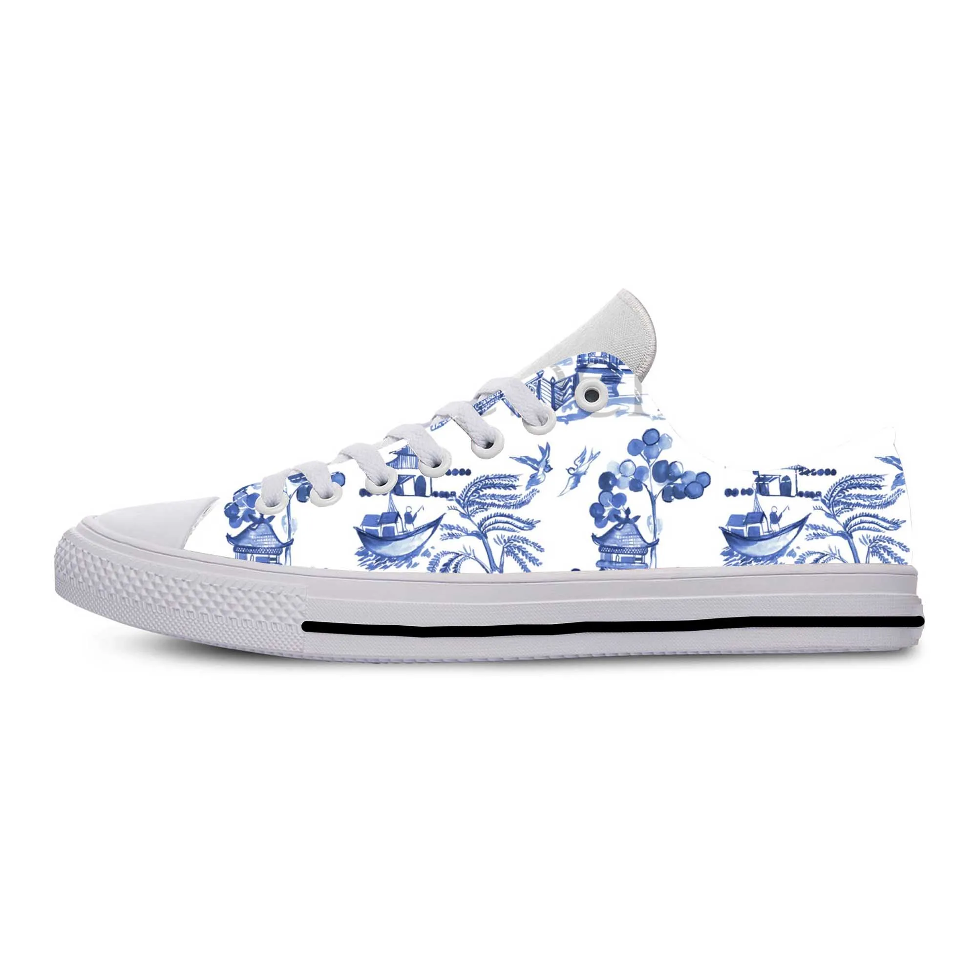 Blauw Wit Wilg Pagode Chinoiserie China Patroon Casual Doek Schoenen Lage Top Comfortabel Ademend 3d Print Heren Vrouwen Sneakers