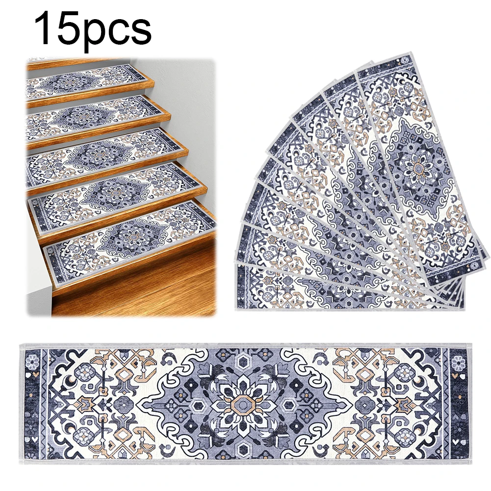 

15PCS Carpet Stair Treads Set Reusable Non Slip Safety Mats Bohemian Stairway Carpet Rugs for Wooden Steps for Dogs Kids & Elder