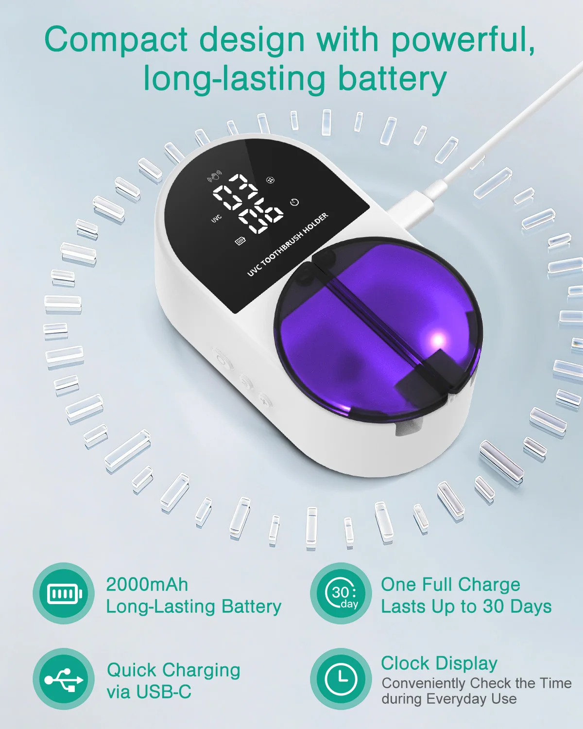 Esterilizador UV-C Doble para Cepillos de Dientes con Reloj LED - imagen 5