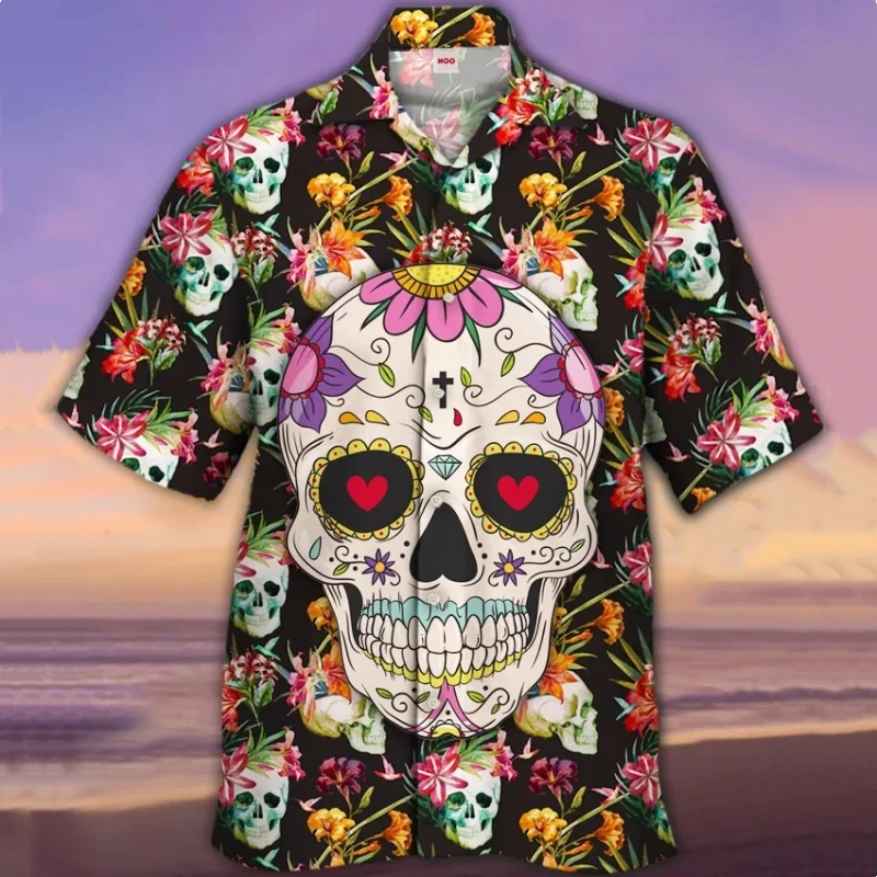 Skull Print Men\'s Shirt Retro Casual Cuban Collar Shirt For Men Beach Casual Man Clothing Oversized Short Sleeve Hawaiian Shirts