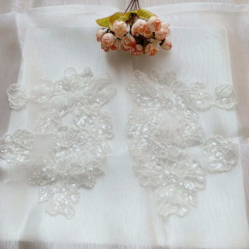 Delicate Wedding Sequins Head Ornaments, Body Lace Applique, Ivory White Dress, DIY Lace Trim, 1Pair, 19x25cm