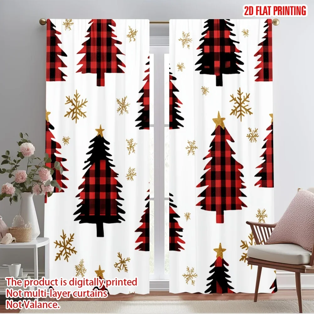 2pcs,2D plane printing Popular Curtains Buffalo Plaid Christmas Trees Snowflakes_a Polyester Easy Install (without rod)