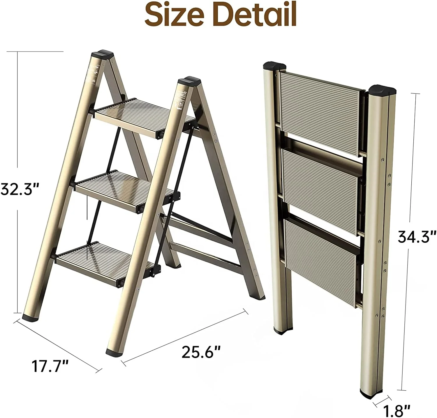 Step Ladder, gold Aluminum Folding Ladder Stool, Wider Upgraded Non-Slip Treads for Home