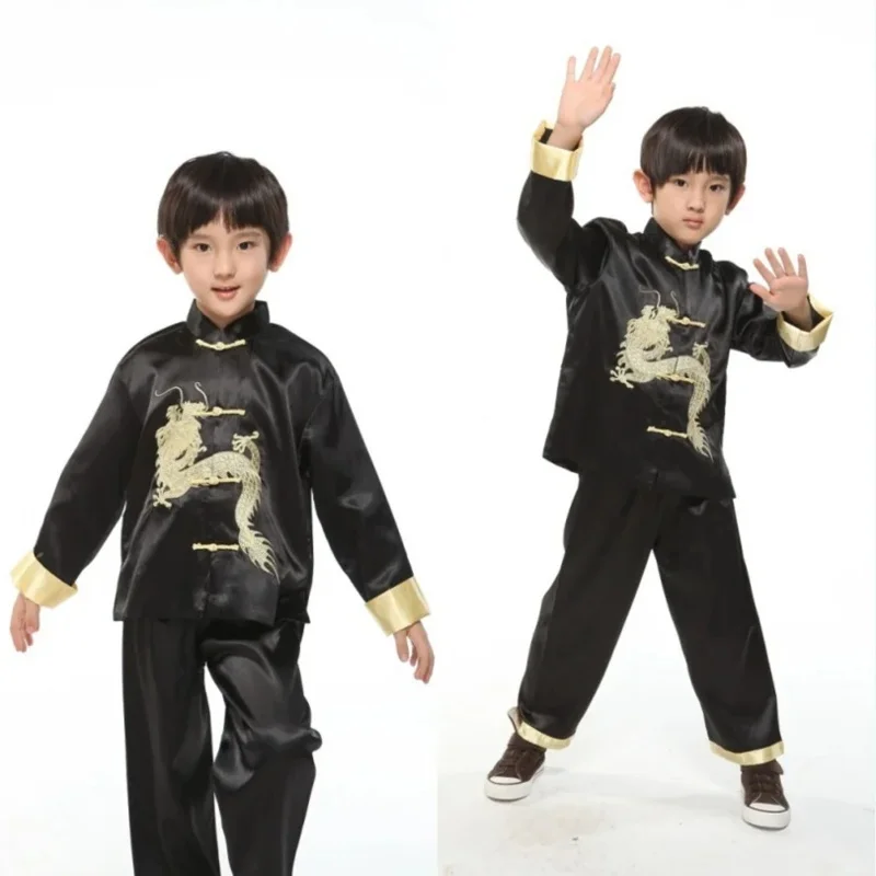 Terno Tang estilo chinês infantil, bordado de dragão, conjunto de roupas orientais tradicionais, roupas KungFu para meninos e meninas, festa de ano novo infantil