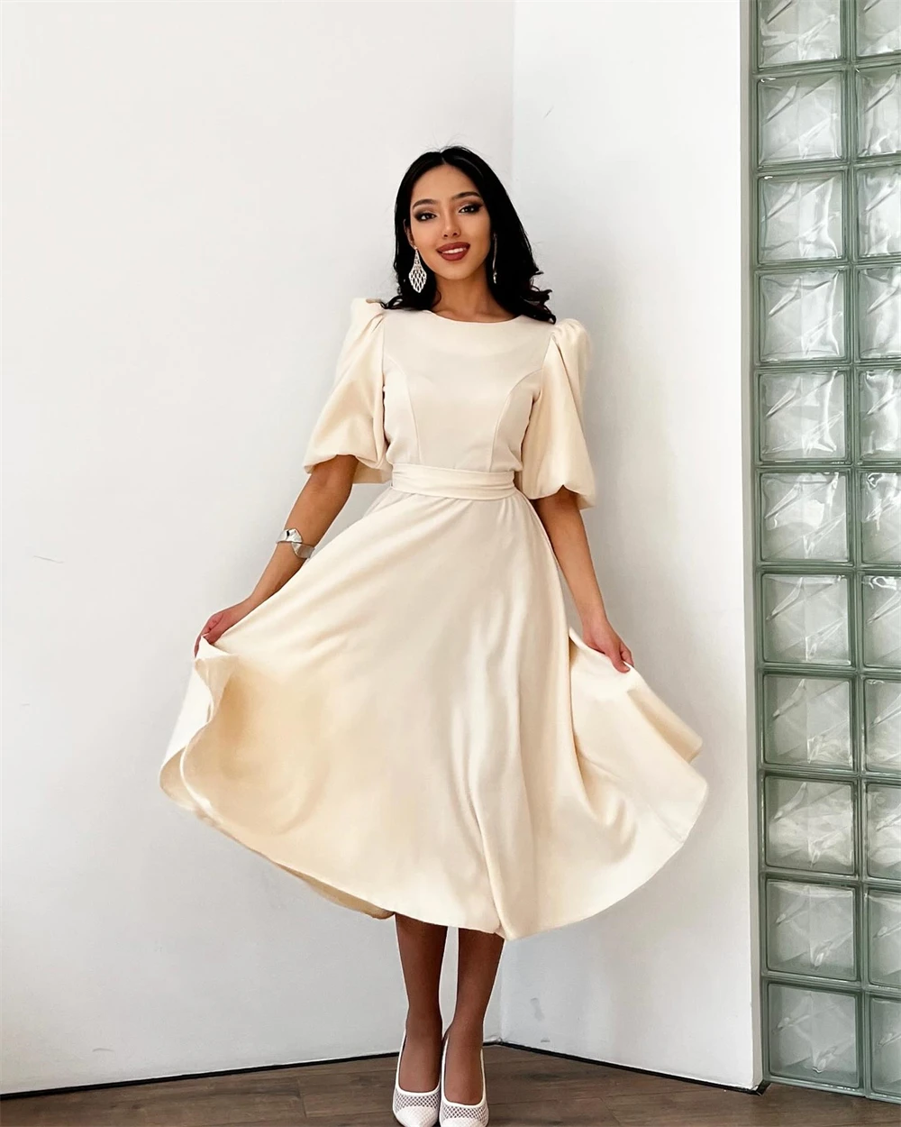 

Customized Evening Dress Exquisite White Jersey O-Neck Off the Shoulder Short Sleeves A-Line Tea Length Special Occasion Gowns