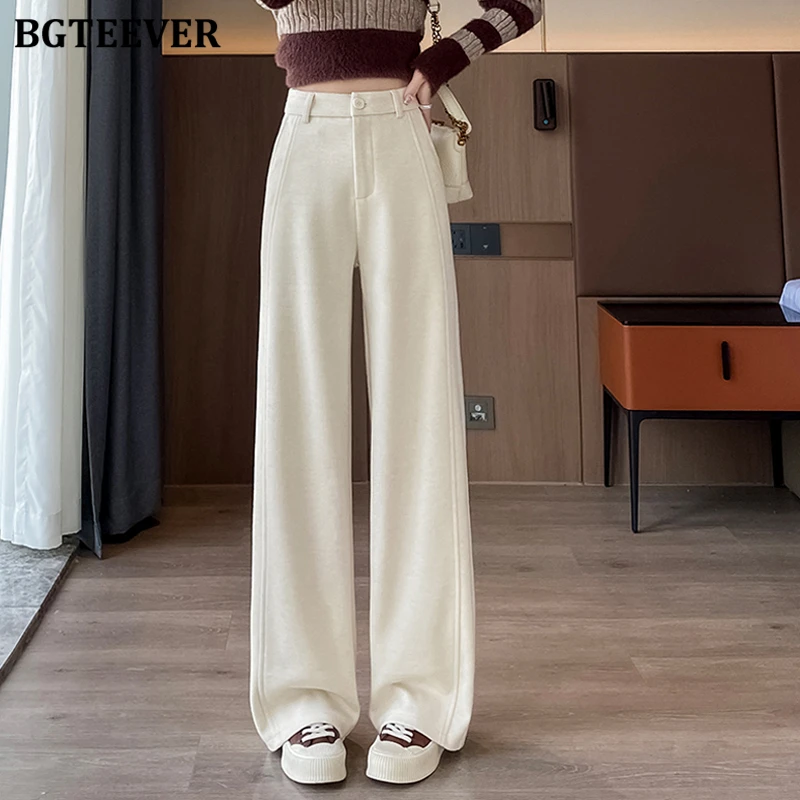 

BGTEEVER Elegant High Waist Women Warm Straight Floor-Length Pants Autumn Winter Fashion Loose Women Solid Wide Leg Trousers