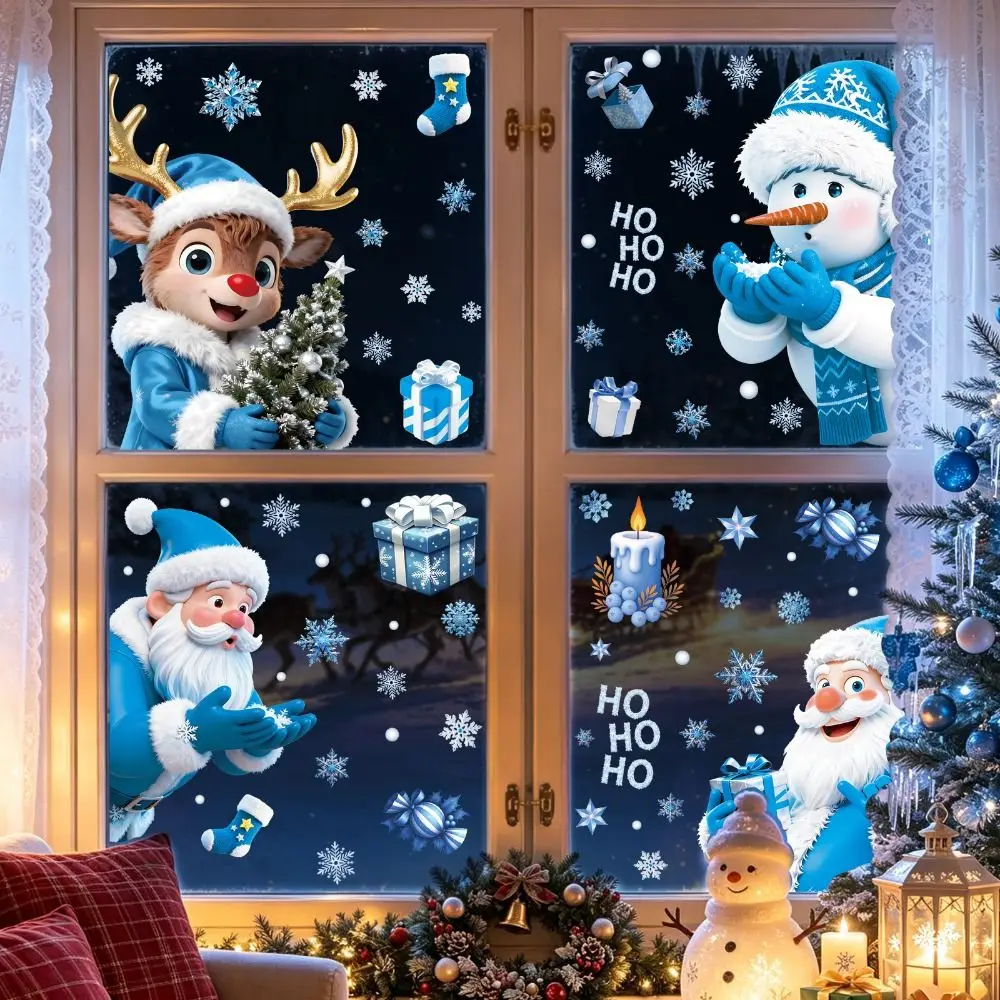 Electrostatic Merry Christmas Window Stickers Cartoon Santa Claus Snowflake Snowman Deer Christmas Static Decals Blue White