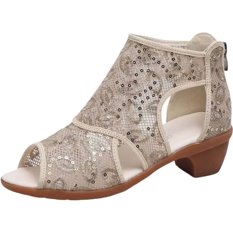 

Женские летние сандалии с открытым носком в сетку, резиновая подошва, нескользящие сандалии на легком блочном каблуке с высокими молниями, танцевальные сандалии