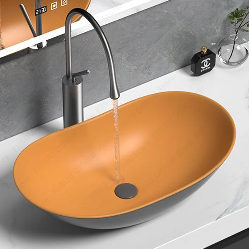 Ceramic Vessel Sink Matte Grey Orange Table Sink Oval Lavatory Bathroom Balcony Sink Bowl Above Counter Boat Shape Washing Basin