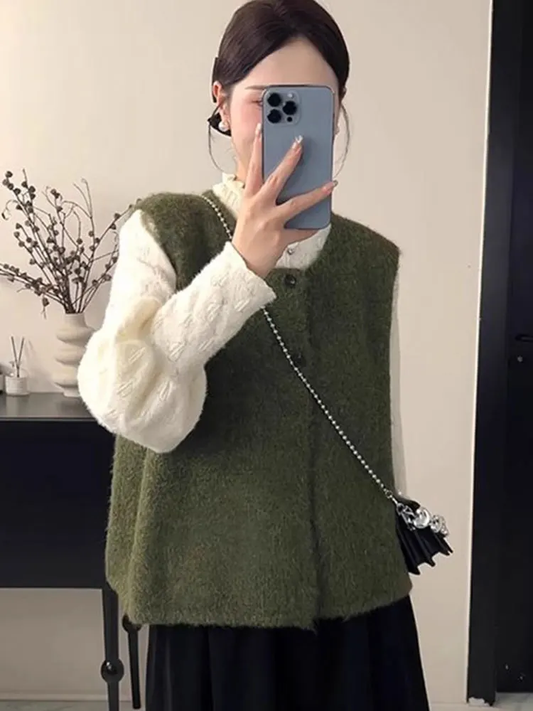 

Retro Simple Design Camere Knitted Open Cardigan Svel Vest Outerwear Lazy Sle Color Top for Women