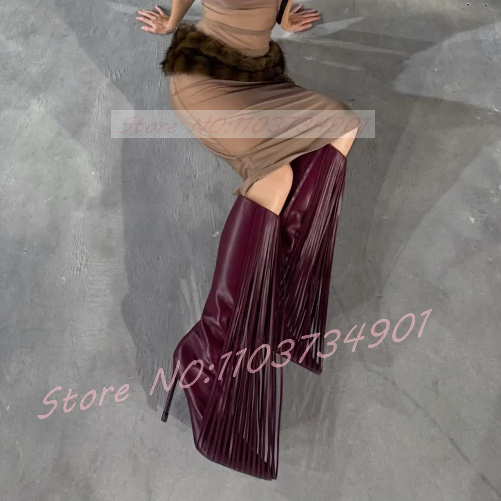 

Pointed Toe Tassels Knee High Boots Women Nifty Wine Red Side Zipper Stiletto High Heels Shoes Female Big Size Sexy Solid Boots