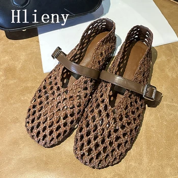 Hlieny Summer Weave Hollow Out Mesh Flats Women Fashion Round Toe Buckle Strap Loafers…
