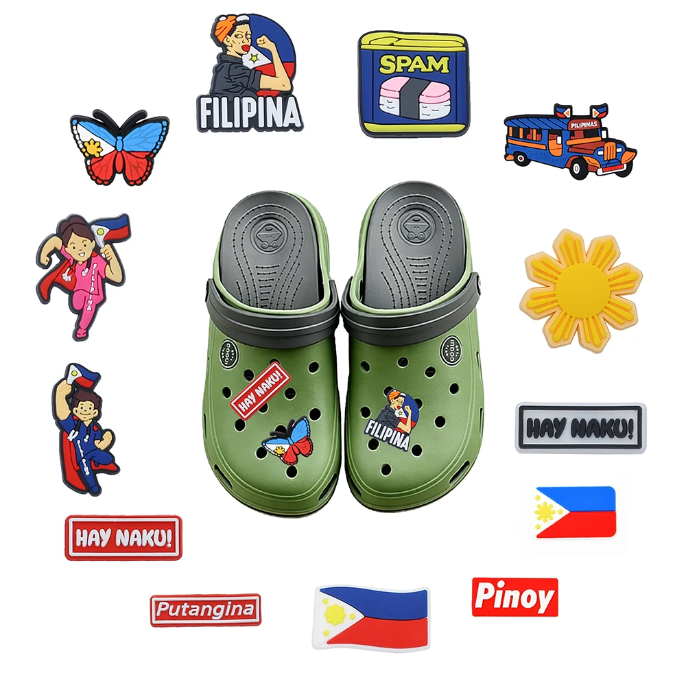 Hot sales 1-13Pcs Cartoon Philippines Style Series PVC Shoe Charms Accessories DIY Detachable Sandal Wristbands Decorations Gift