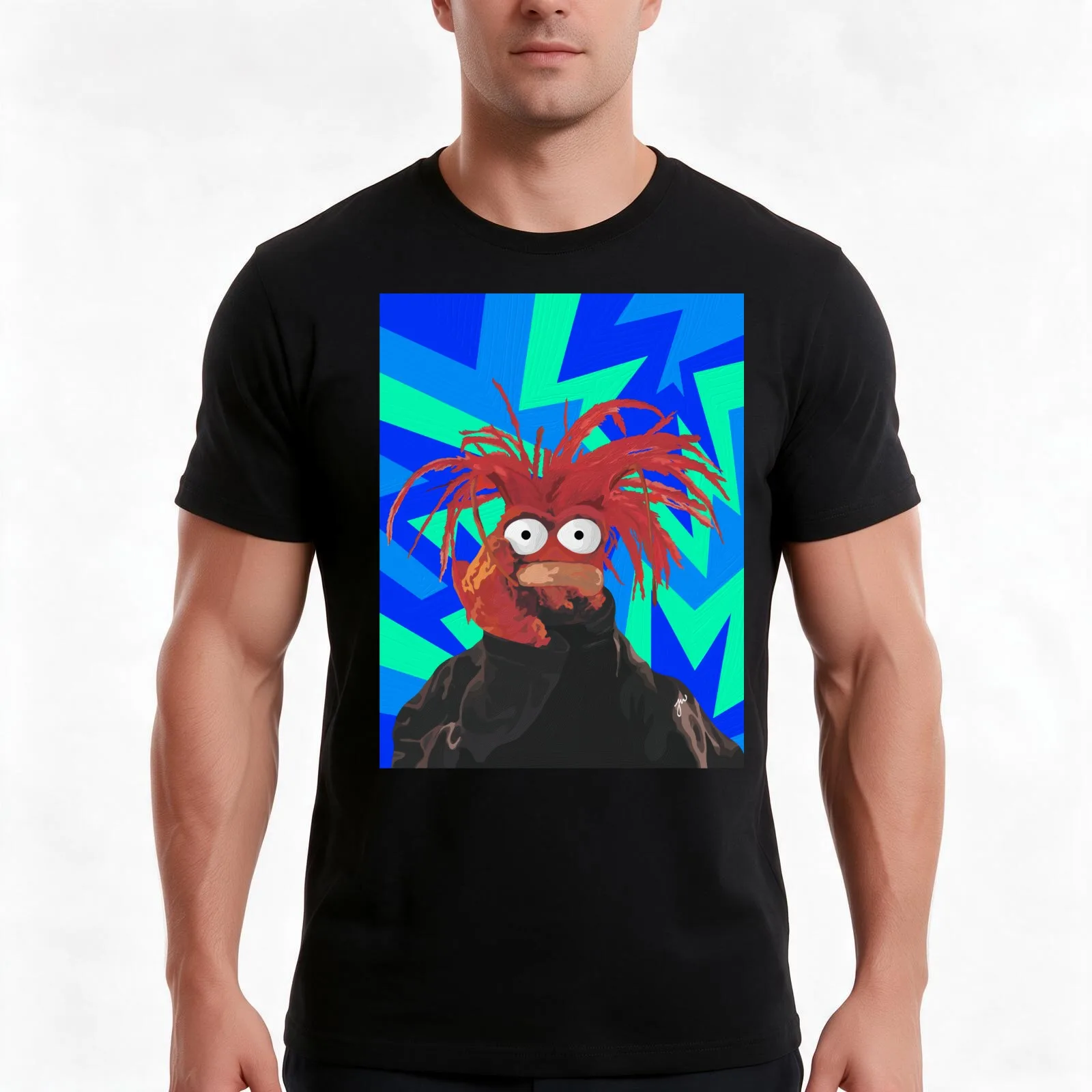 Pepe the king prawn Muppet Portrait (version 1/3 - blue background) T-Shirt, Summer Casual Cotton Tee, Oversized Streetwear Tops