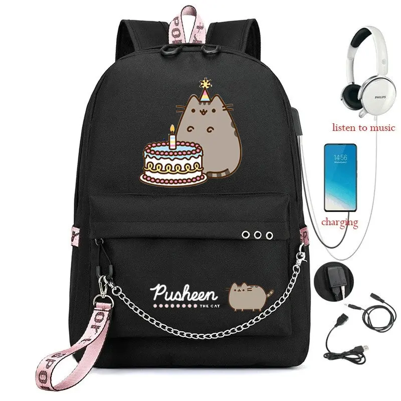 Mochila Kawaii Fat Cat con puerto USB, Bolsa Escolar de Anime para adolescentes, estudiante, gato