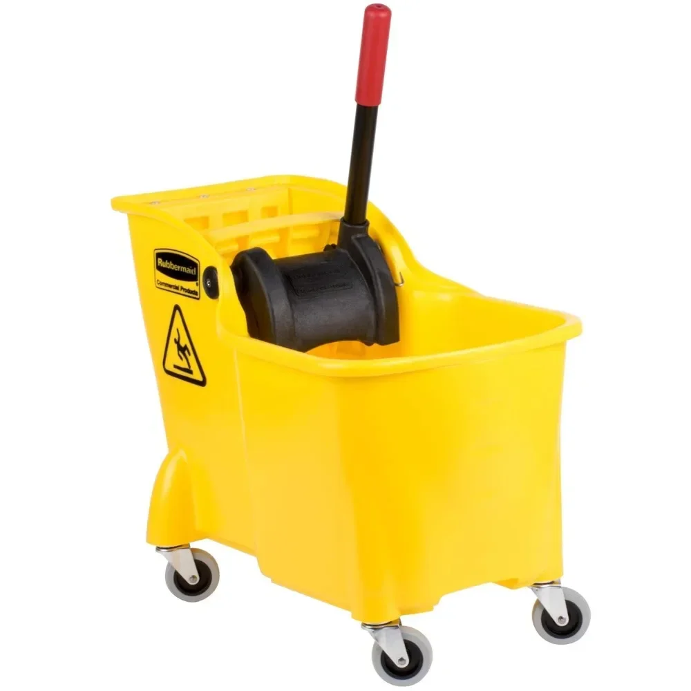 Commercial Products, Mop Bucket with Wringer on Wheels, Heavy Duty All-in-One Tandem Mopping Bucket, Yellow,