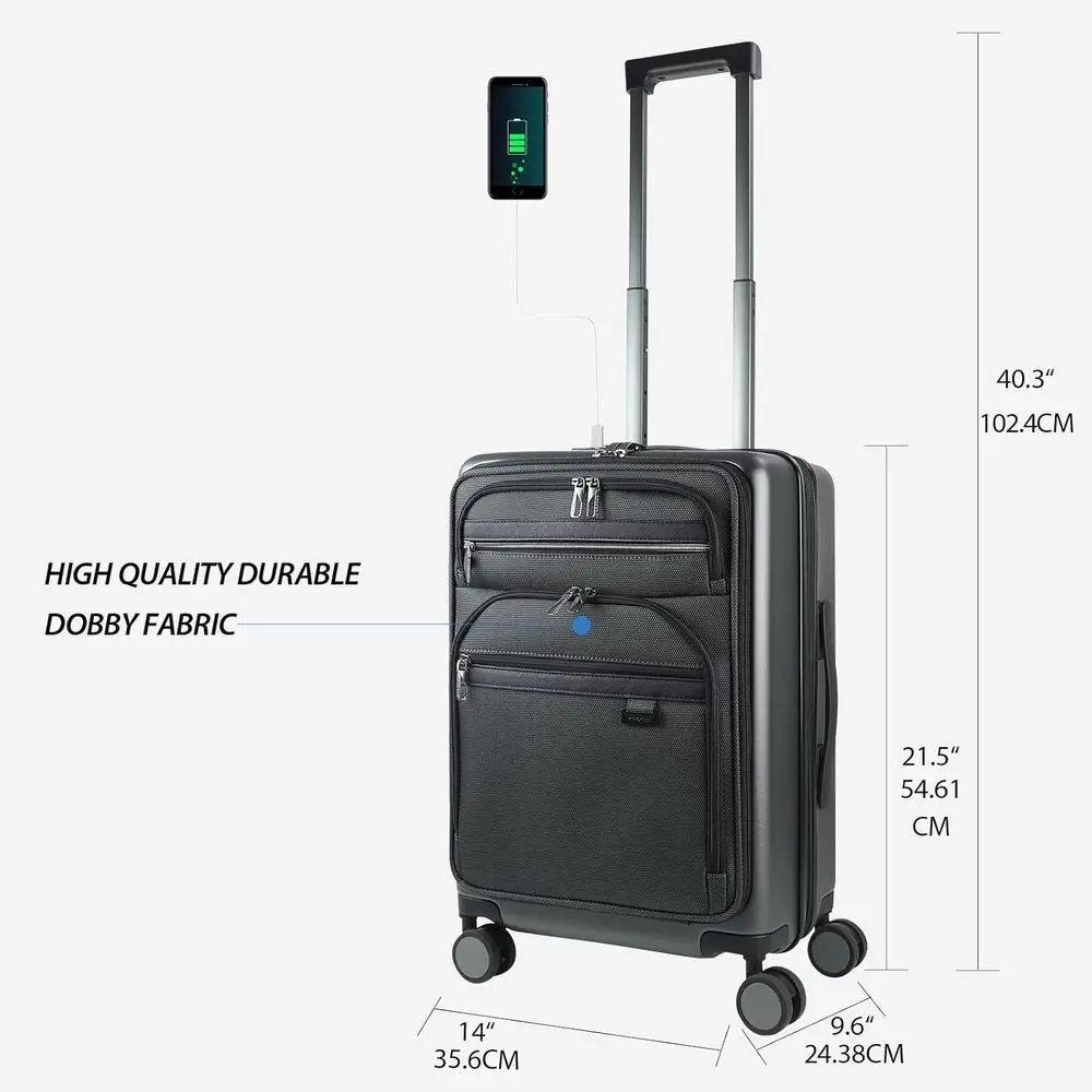 20 Expandable Hardside Carry-On Suitcase with TSA Lock, USB Port, and Front Pockets - Steel Grey