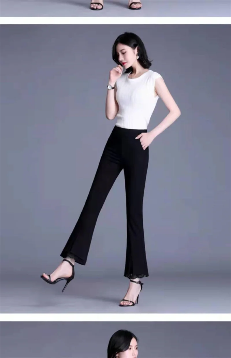 New Office Lady Lace Patchwork White Elastic Waist Casual Pants Summer Solid Women's Versatile Micro Flared Pants Women Clothing
