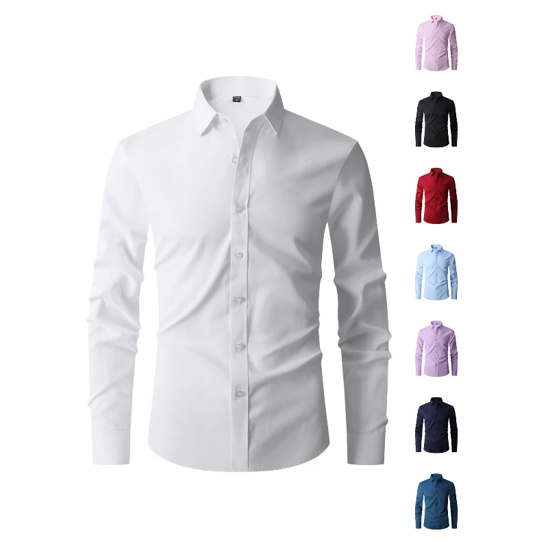 Men's Solid Color Business Shirt 2026 Spring Fashion Classic Basic Casual Slim White Long Sleeve Dress Shirts Men Brand Clothes