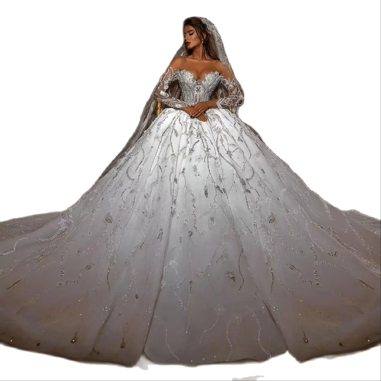 Robes de mariée en dentelle avec appliques et paillettes, robe de Rhà manches longues, robe de train de balayage, vêtements éducatifs pour les patients, tout ce qui est sur mesure, bijou, nouveau