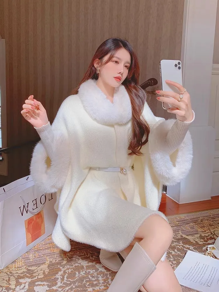 2025 New Cloak Overcoat Women Autumn Winter Big Fur Collars Belt Slim-Fit Mid-Length Coat Ladies Elegant Woolen Parkas Outwear