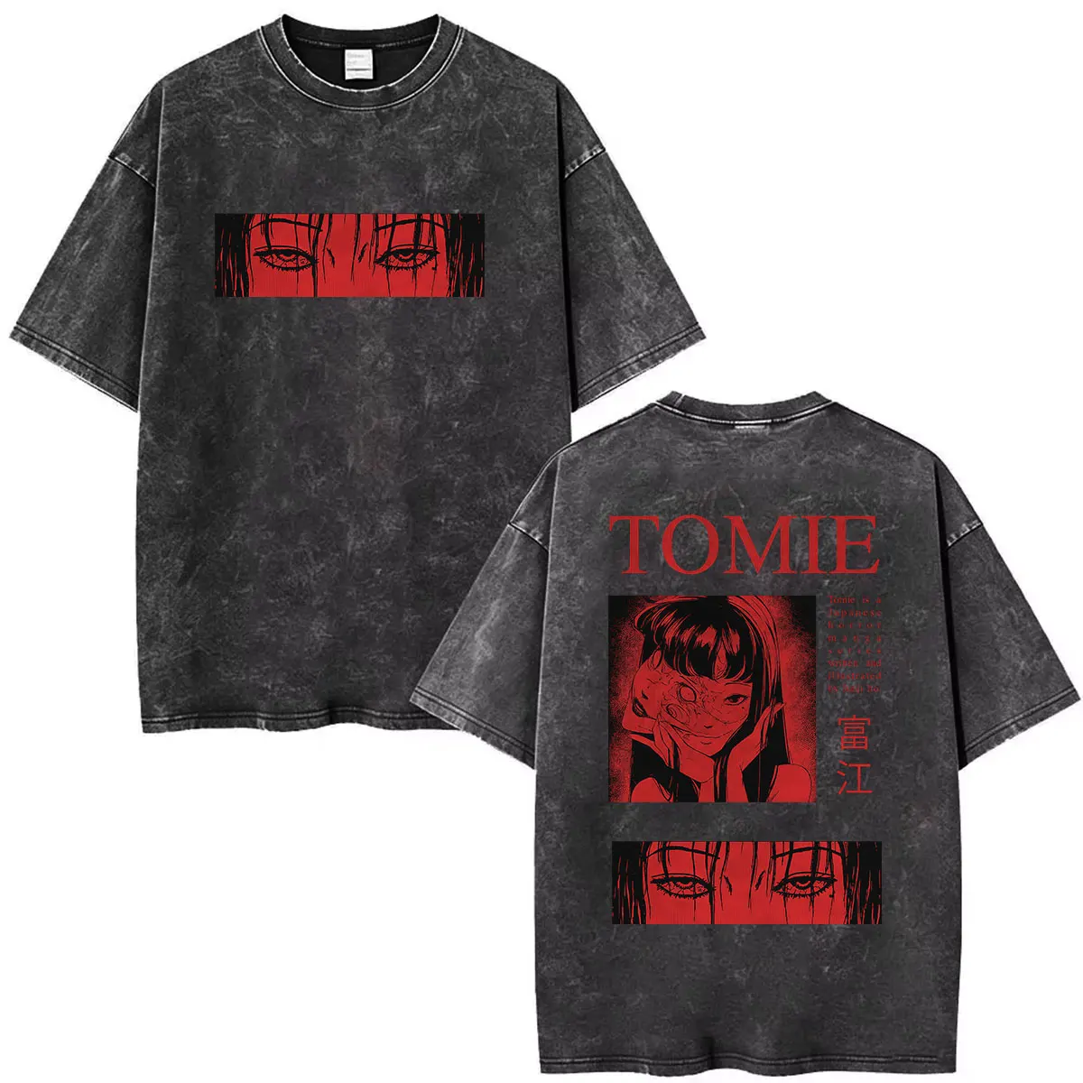 Japanese Anime Tomie Junji Ito Vintage Washed T Shirt Men Women Horror Manga Print Double Sided Short Sleeve T-shirts Streetwear
