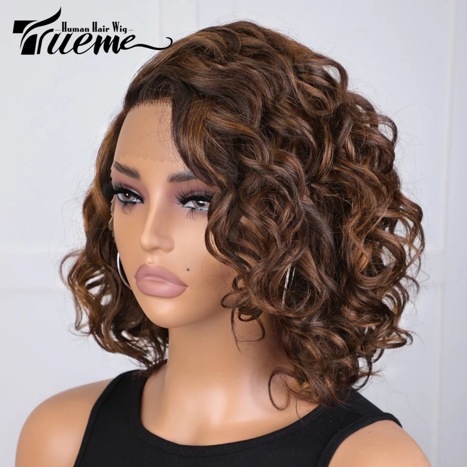 Trueme Bouncy Curly Short Bob Wig Lace Front Human Hair Wigs Brazilian Highlight Brown Water Wave Lace Human Hair Wig For Women