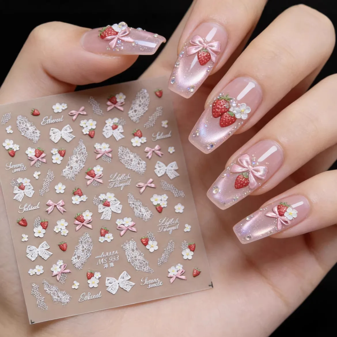 5D Embossed Nail Stickers Sweet Strawberry Lace Bow Nail 3D Decorations Stickers Self Adhesive Accessories Nail Art Stickers DIY