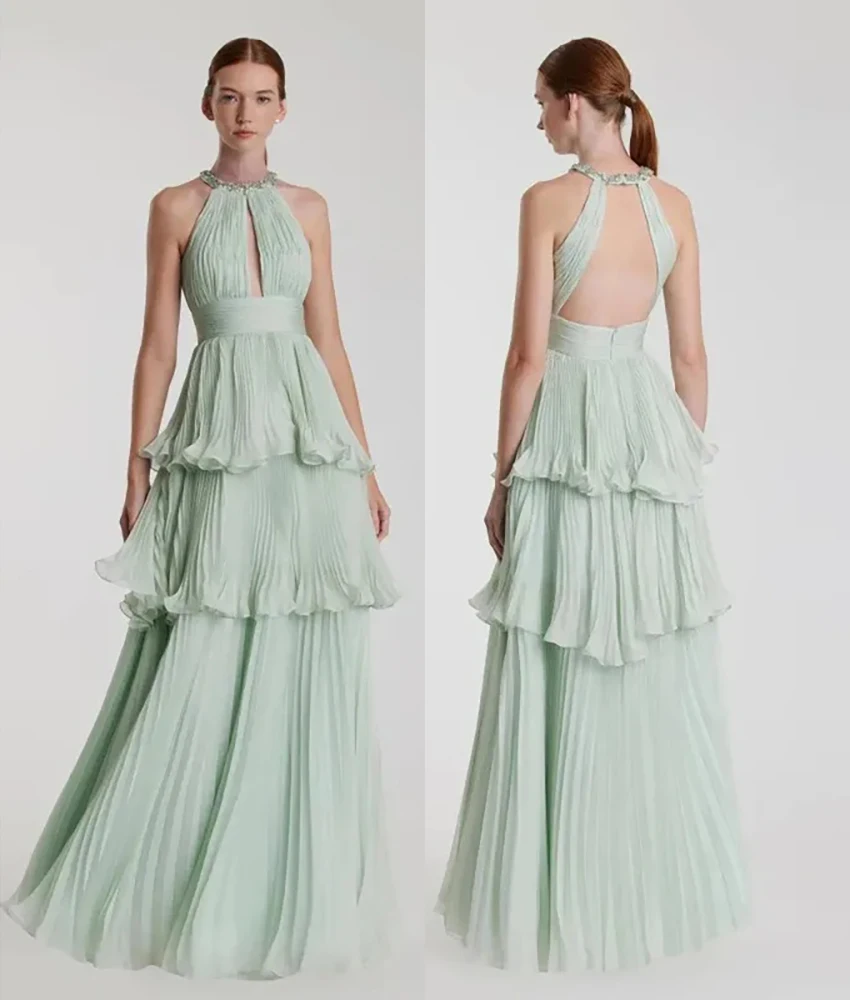 맞춤형 섹시한 시폰 A라인 크리스탈 러플 티어드 이브닝 드레스 섬세한 홀터 슬리브리스 플로어 길이 셀러브리티 가운