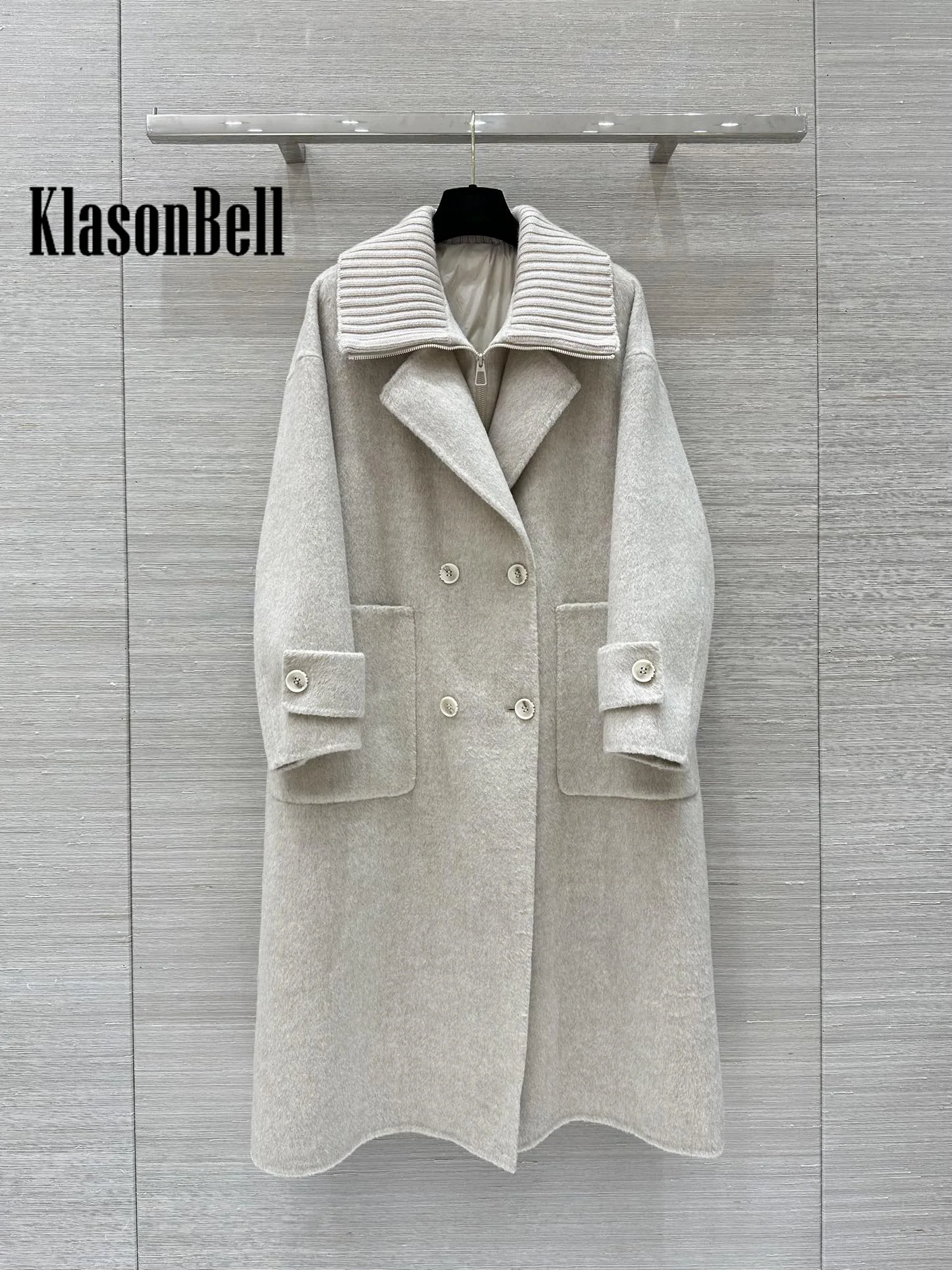 10.7 KlasonBell Women 2024 Autumn Winter Double-Sided Wool Coat + Knit Lapel Spliced Down Vest Set Keep Warm Long Outerwear