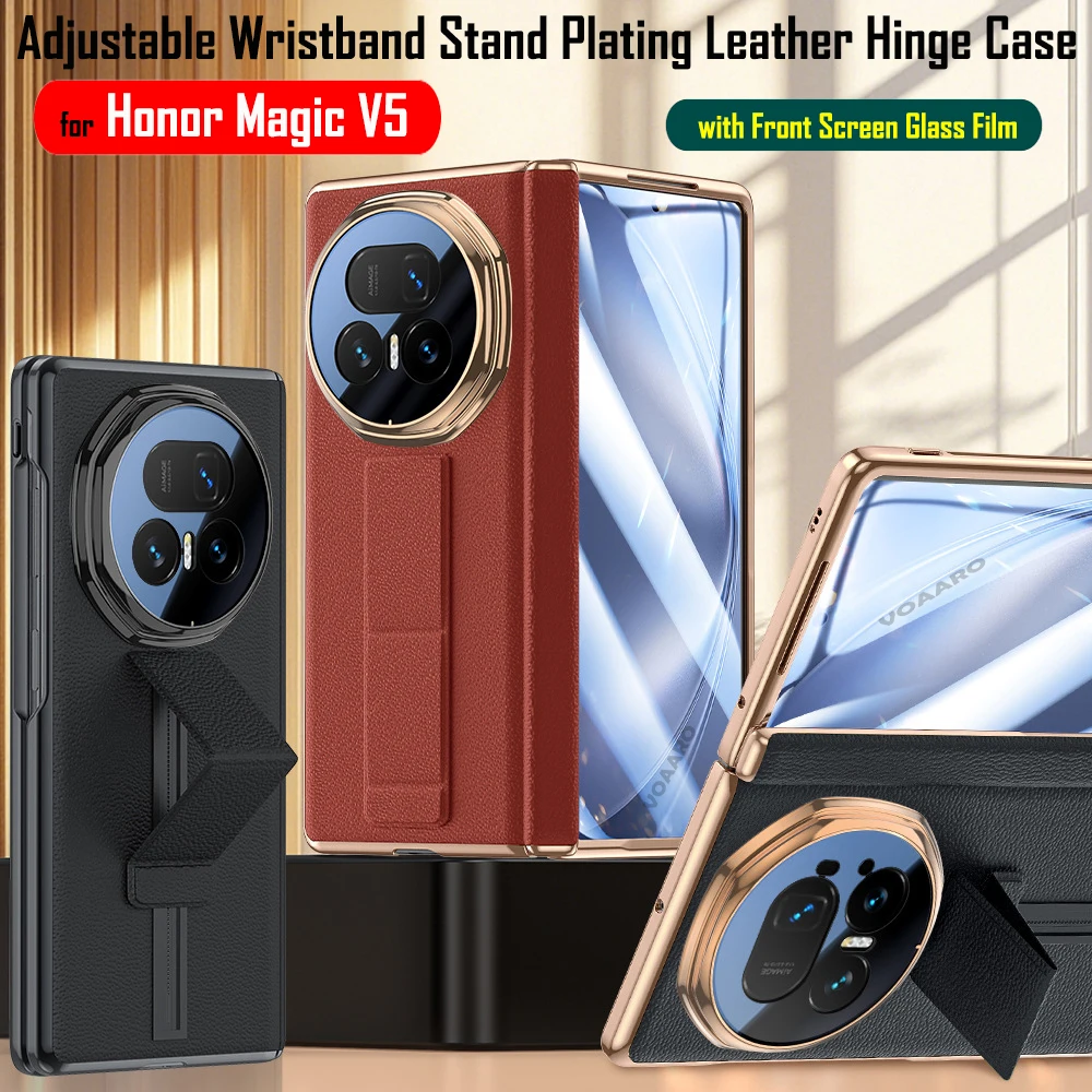 

Adjustable Wristband Stand Funda for Honor Magic V5 Hinge Case for Honor Magic V5 Plating Genuine Leather Case with Front Film