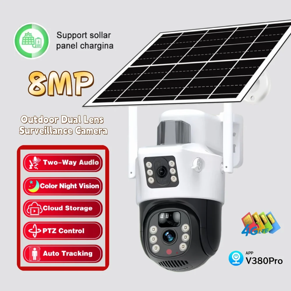 

V380Pro Solar Camera, 4G IP Security Surveillance, Dual-Lens HD 8MP Motion Detection PIR Security Video CCTV Battery Monitoring