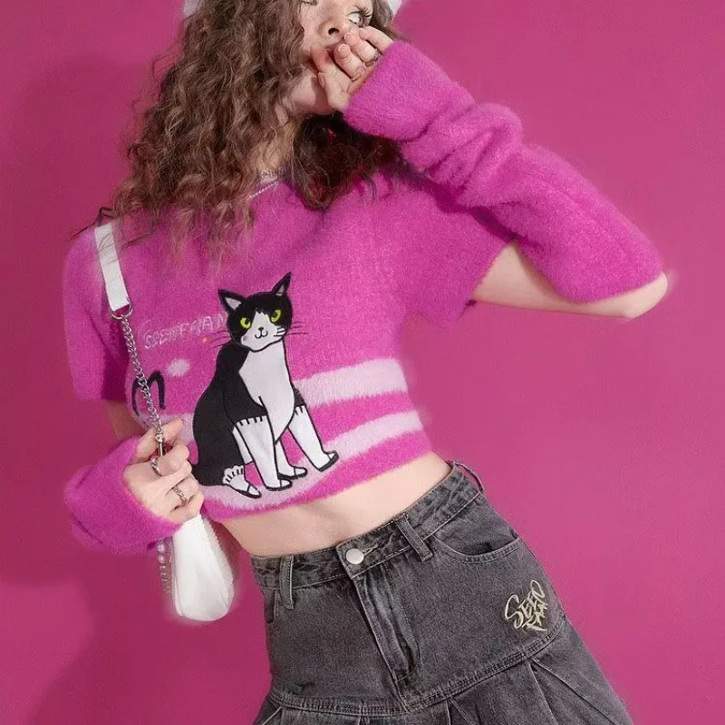 American Kawaii Cat Embroidery Knitwear Autumn New Pink Girl Style Short T-shirt Sweet Dopamine Design Sense Women's Slim Tops