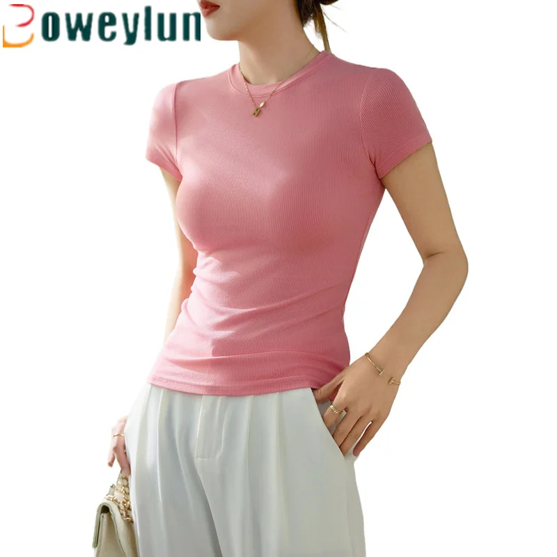 

Boweylun High Elastic Threaded Cotton Short-sleeved T-shirt Women's Summer Commuter Style Slim Solid Color Casual Blouse Female