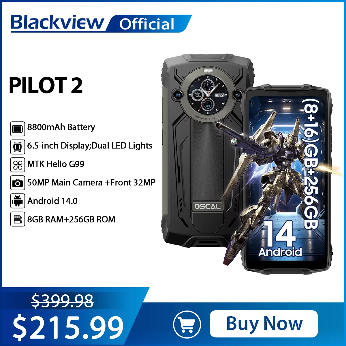 Blackview OSCAL PILOT 2 견고한 스마트폰, 6.5 인치 2.4K 디스플레이, 8800mAh 45W, 안드로이드 14 G99 휴대폰, 듀얼 LED 손전등