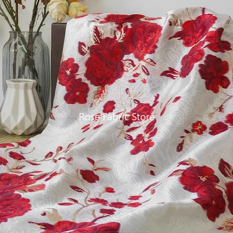 1 meter Golden Silk Embossed Rose Yarn Dyed Jacquard Fabric Retro Dress Bag Decorative Sewing Fabric