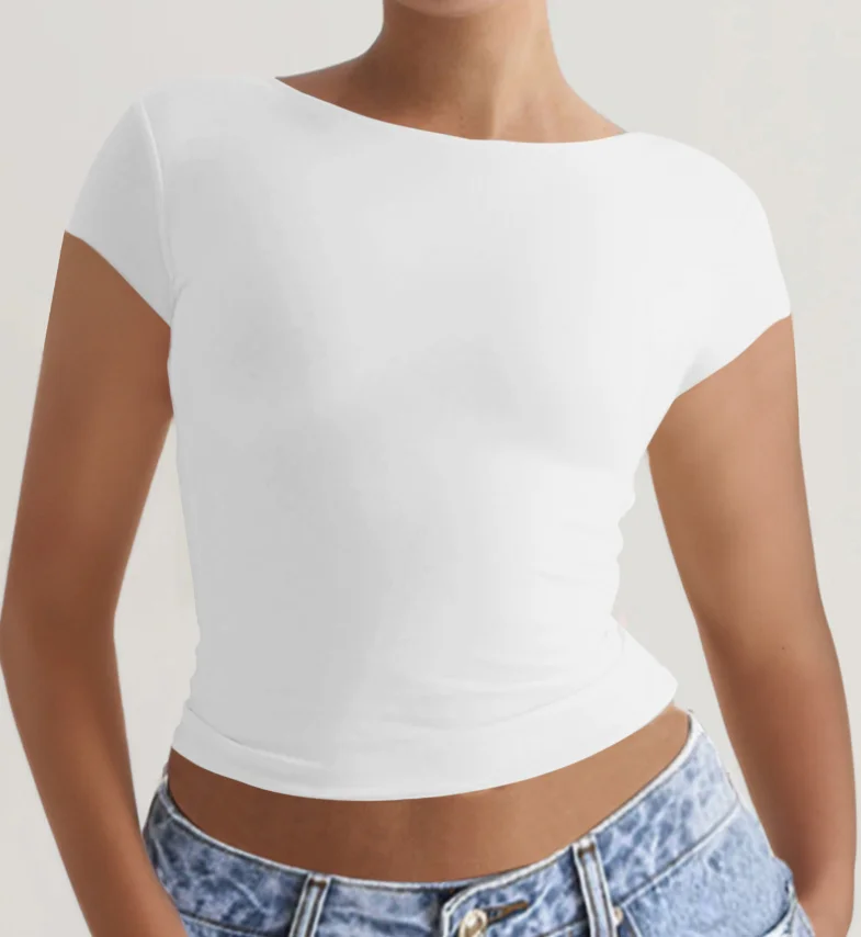 

Solid color round neck backless short sleeved slim fit women's top T-shirt